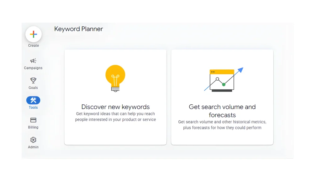 Captura de ecran in Google Keyword Planner care arata optiunea Discover new keywords pentru sugestii de cuvinte cheie. 